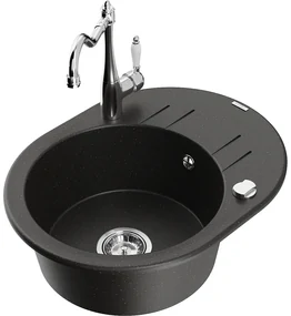 Mexen Kevin, drez granitový 586x458x190 mm, 1-komorový a drezová batéria Carla, čierna-zlatá metalíza, 6517-75-670700-00