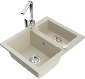 Mexen Carlos, 1,5-komorový granitový drez s odkvapkávačom 582x475x177 mm a chrómová kuchynská batéria Rita, béžová, 6518-69-670300-00