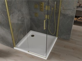 Mexen Omega, sprchovací kút s posuvnými dverami 100 (dvere) x 100 (stena) cm, 8mm číre sklo, zlatý profil + slim sprchová vanička 5cm, 825-100-100-50-00-4010