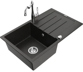 Mexen Bruno, granitový drez 795x495x200 mm, 1-komorový a drezová batéria Carla, čierna-zlatá metalíza, 6513-75-670700-00