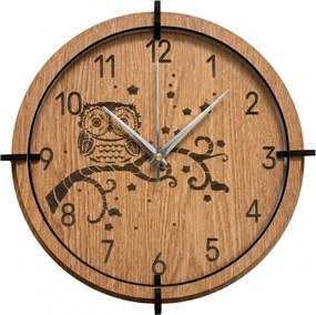 Drevené nástenné hodiny Sova na vetve – dubový dekor, tichý chod | SENTOP HDF0573-OAK