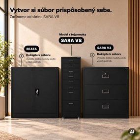 Kartotéková skrinka na kolieskach, kovová, 8 zásuviek, na dokumenty, čierna, 300x1100x600 mm: SARA V8