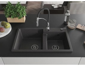 Mexen Tomas, 2-komorový granitový drez 800x500x190 mm a drezová batéria Aster, čierna škvrnitá, 6516-76-73450-07-B
