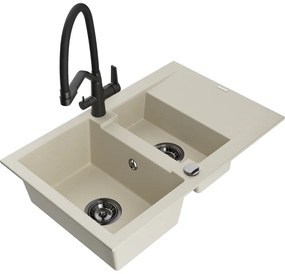 Mexen Gaspar, granitový drez 737x475x177 mm, 1,5-komorový a drezová batéria Duo, béžová, 6507-69-671701-70-B