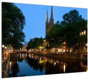 Sklenený obraz nočného historického mesta (70x50 cm)