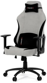 Herní křeslo, stříbrná látka, houpací mechanismus, polohování opěradla 90°-180°, 3D područky, polštáře z paměťové pěny,