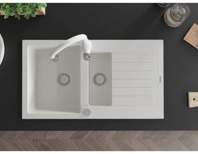 Mexen Matias, 1,5-komorový granitový drez 900x505x200 mm a drezová batéria Savita, biela, 6502-20-672601-20