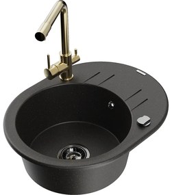 Mexen Kevin, drez granitový 586x458x190 mm, 1-komorový a zlatá Duero batéria, čierna - zlatá metalíza, 6517-75-671600-50-B