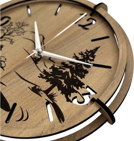 Moderné nástenné hodiny s motívom lesa a hôr | SENTOP HDF0600-GOLD-OAK