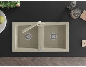 Mexen Mario, 2-komorový granitový drez 820x436x161 mm a béžová drezová batéria Duero, béžová, 6504-69-671600-69