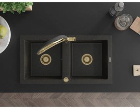 Mexen Mario, granitový drez 820x436x161 mm, 2-komorový a drezová batéria Duo, čierna-zlatá metalíza, 6504-75-671701-57-G