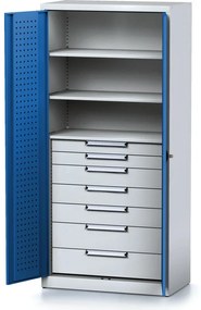 Policová dielenská skriňa 2-dverová MECHANIC, 3 police, 7 zásuviek, 920 x 500 x 1950 mm, modré dvere