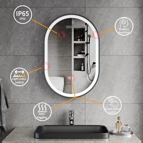 Erga Gwen, oválne LED zrkadlo 40x60cm v čiernom kovovom ráme, 3 farby svetla, predné osvetlenie, vyhrievacia podložka proti zapareniu, ERG-V01-GWEN-4060-BK