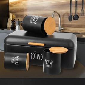 Orion 2. akosť - Plechová dóza na potraviny, čierna, s bambusovým vekom, 2,3l, HRUBÁ MÚKA