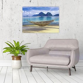 Sklenený obraz - Sklenený obraz hojdacej siete na pláži 2 (70x50 cm)