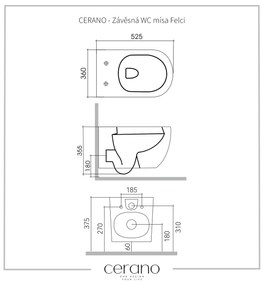 Cerano Felci, závesná WC misa Rimless 525x360x355 mm + UF toaletné sedátko, biela lesklá, CER-CER-417377