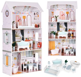 Domček pre bábiky, 3 poschodia, 4 izby, sada 9 kusov nábytku, ECOTOYS