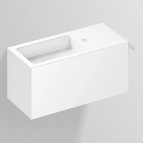 ALAPE WP.XS1 závesný policový prvok s asymetrickým umývadlom vľavo (s otvorom/bez prepadu), držiak na uterák, 645 x 268 x 300 mm, biela alpská, s povrchom ProShield, 5072800000