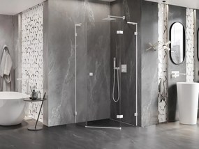 Mexen Lunar, L pravý výklopný päťuholníkový sprchový kút 80 x 80 cm, 8mm číre sklo, biely profil, 831L-080P-080L-20-00-P