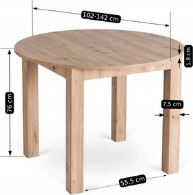 Vintino Jedálenský okrúhly stôl AMFORA dub artisan svetlý 102–142 cm