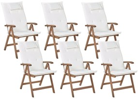 Sada 6 záhradných skladacích stoličiek z tmavého akáciového dreva s krémovo bielymi vankúšmi AMANTEA Beliani