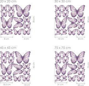 Motýle svetlo fialové 13 ks textilní prelepiteľná nálepka na stenu hárok 30 x 30 cm