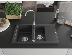 Mexen Gaspar, 1,5-komorový granitový drez s odkvapkávačom 74x48 cm a kuchynskou batériou Telma, čierna-škvrnitá, 6507-76-670200-00