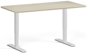 Výškovo nastaviteľný stôl, 160x80 cm, 1 motor, zaoblené rohy, biela podnož, dub prírodný