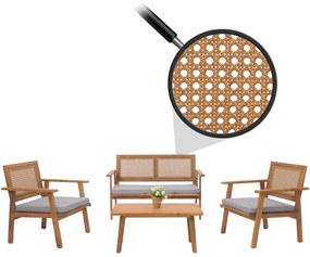 Záhradná súprava 2 kresiel, pohovky a stolíka HWC-N46, akáciové drevo - sivé vankúše