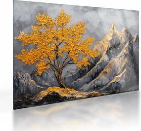 Sklenený obraz – Zlatý strom v horách (70x50 cm)