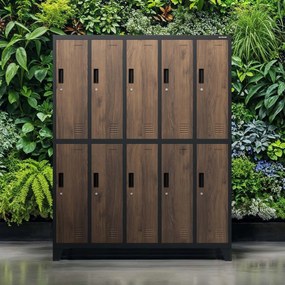Kovová šatňová boxová skriňa na nôžkach s 10 boxami BARTEK, 1360 x 1720 x 450 mm, Eco Design: antracitová/ dub sonoma
