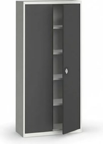 Plechová policová skriňa na náradie KOVONA, 1950 x 950 x 400 mm, 4 police, sivá/tmavo sivá