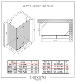 Cerano Marino, sprchovací kút 90(dvere) x 80(stena) x 190 cm, 6mm číre sklo, chrómový profil, CER-CER-422763