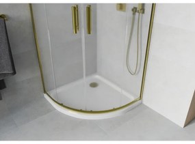Mexen Rio, štvrťkruhový sprchovací kút s posuvnými dverami 80(dvere) x 80(dvere) x 190 cm, 6mm sklo námraza, zlatý profil + biela sprchová vanička SLIM, 863-080-080-50-30-4110G