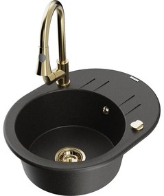 Mexen Kevin, 1-komorový granitový drez 586x458x190 mm a drezová batéria Elia, čierna-zlatá metalíza, 6517-75-670101-50