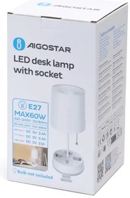 Aigostar - Stolná lampa so zásuvkami a USB portami 1xE27/60W/230V biela