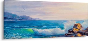 Obraz vĺn narážajúcich na útesy, olejomaľba (120x50 cm)