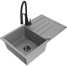 Mexen Bruno, 1-komorový granitový drez 795x495x200 mm a drezová batéria Aster, šedá, 6513-71-73450-70-B