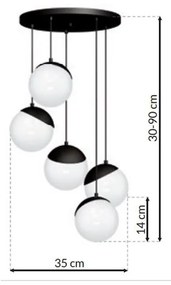 Závesné svietidlo Sfera, 5x biele sklenené tienidlo, b, o