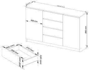 Komoda K160 2D 4SZ CLP červená, lesk