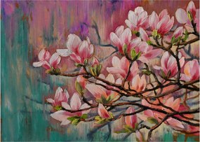 Sklenený obraz - Olejomaľba, Rozkvitnutá sakura (70x50 cm)
