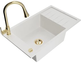 Mexen Elias, 1-komorový granitový drez 795x480x200 mm a drezová batéria Elia, biela, 6511-20-670101-50