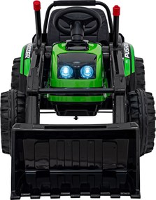 Ramiz Detský traktor na batérie Zelený + pohyblivé rameno s lyžicou + diaľkové ovládanie + pomalý štart + FM rádio + LED
