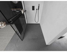 Mexen Kioto+, sprchová zástena s poličkou a držiakom na uteráky 140 x 200 cm, 8mm sklo číre sklo vzor čierny, čierny profil, 800-140-121-70-77