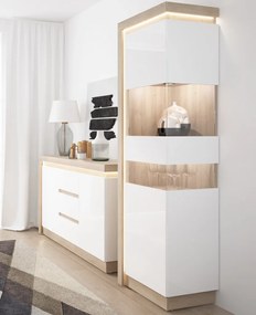 Vysoká vitrína Lyon, dub riviera/biely lesk, s osvetlením, pravá