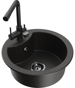 Mexen Diego, 1-komorový granitový drez 488x488x167 mm, čierna batéria Duero, čierna - zlatá metalíza, 6512-75-671600-70-B