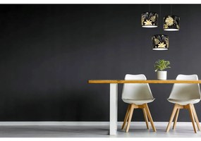 Závesné svietidlo Gold Flowers, 3x čierne textilné tienidlo s kvetinovým vzorom, o