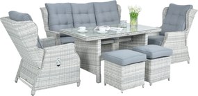 Garden Line SÚPRAVA ZÁHRADNÉHO NÁBYTKU Z HLINÍKA A RATANU (SOFA + STÔL + 2 KRESLÁ + 2 TABURETY) ŠEDÁ + ŠEDÉ VANKÚŠE *0404