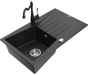 Mexen Cesar, 1-komorový granitový drez 775x470x190 mm a drezová batéria Carla, čierna-zlatá metalíza, 6514-75-670700-70