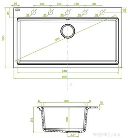Laveo Tau, 1-komorový granitový drez 900x500x215 mm, čierna, LAV-SBT_B109